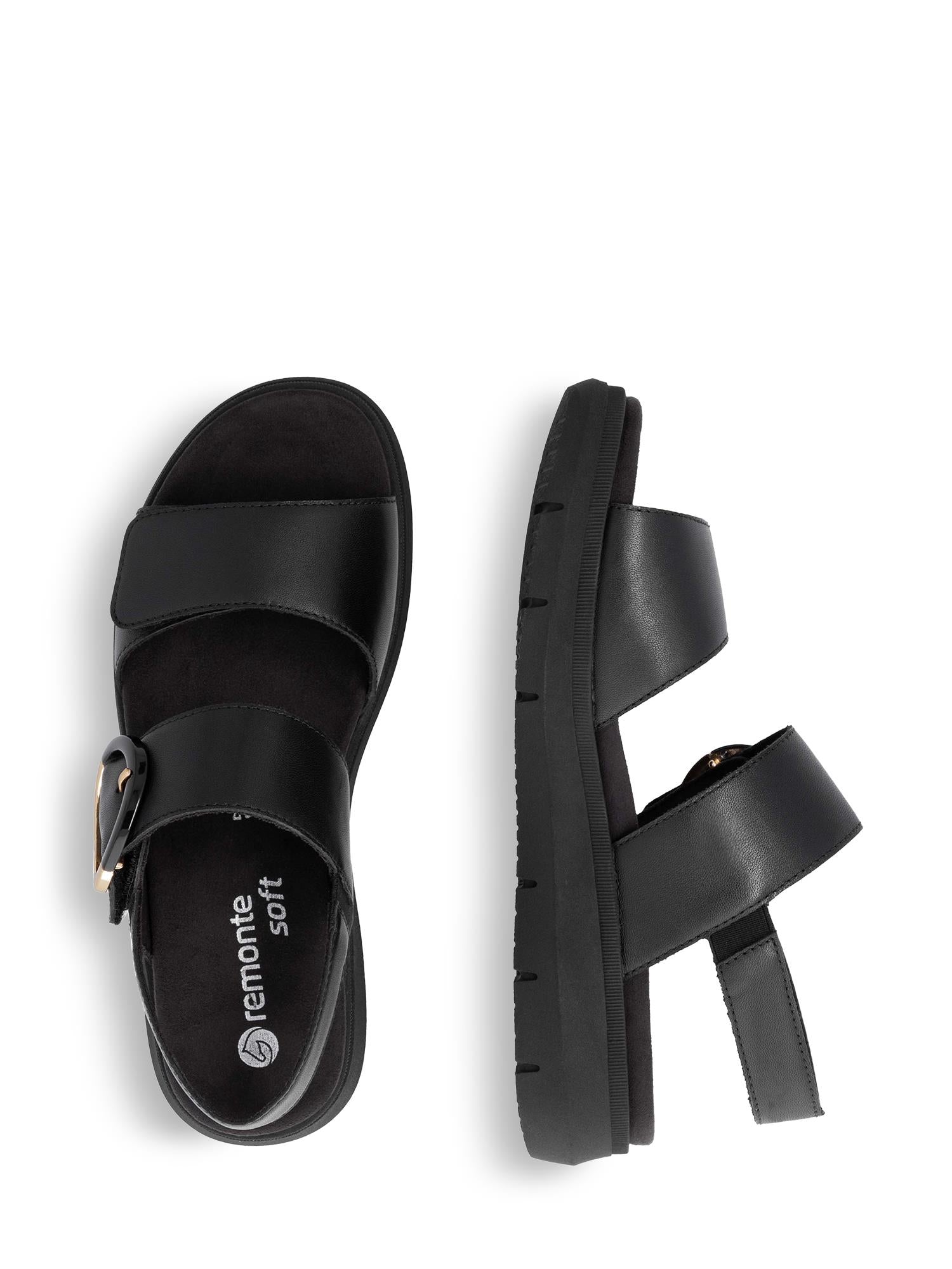 Remonte 03140 Capri Sandal Black har en komfortabel, åpen tå med to brede reimer, spenne på siden og tykk såle med tekstur; vist ovenfra og fra siden for å vise det stilige utseendet.