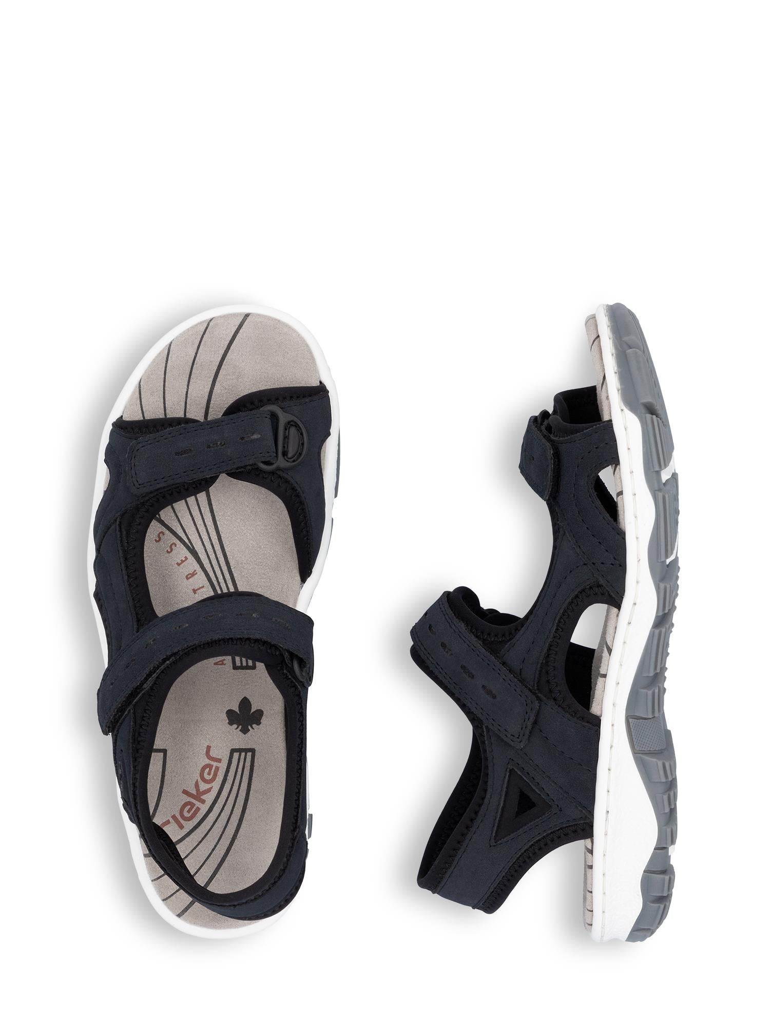 03009 Rieker Marine ComfortWave Sandal fra Rieker Comfort & Style har svarte og grå nyanser, borrelåsstropper, en formet fotseng, buede linjer og komfort hele dagen - vist ovenfra og fra siden på en hvit bakgrunn.