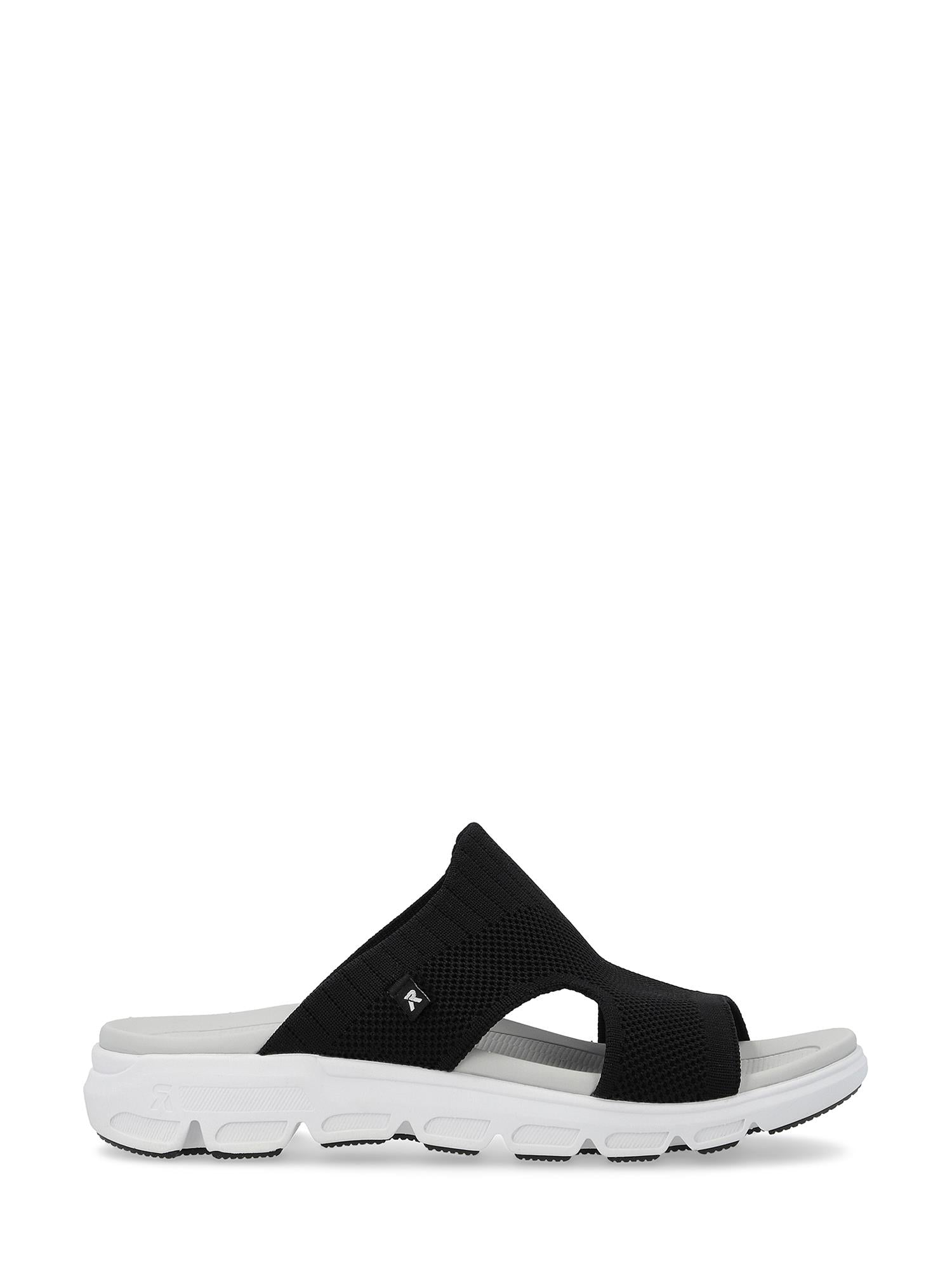 07522 Rieker-Evolution Slip-in Sport svart sandal fra Rieker Sport har en overdel i pustende mesh, åpen tå, hvit dempet såle, kryssdesign og subtil logo på siden for sporty komfort inspirert av sportssko.