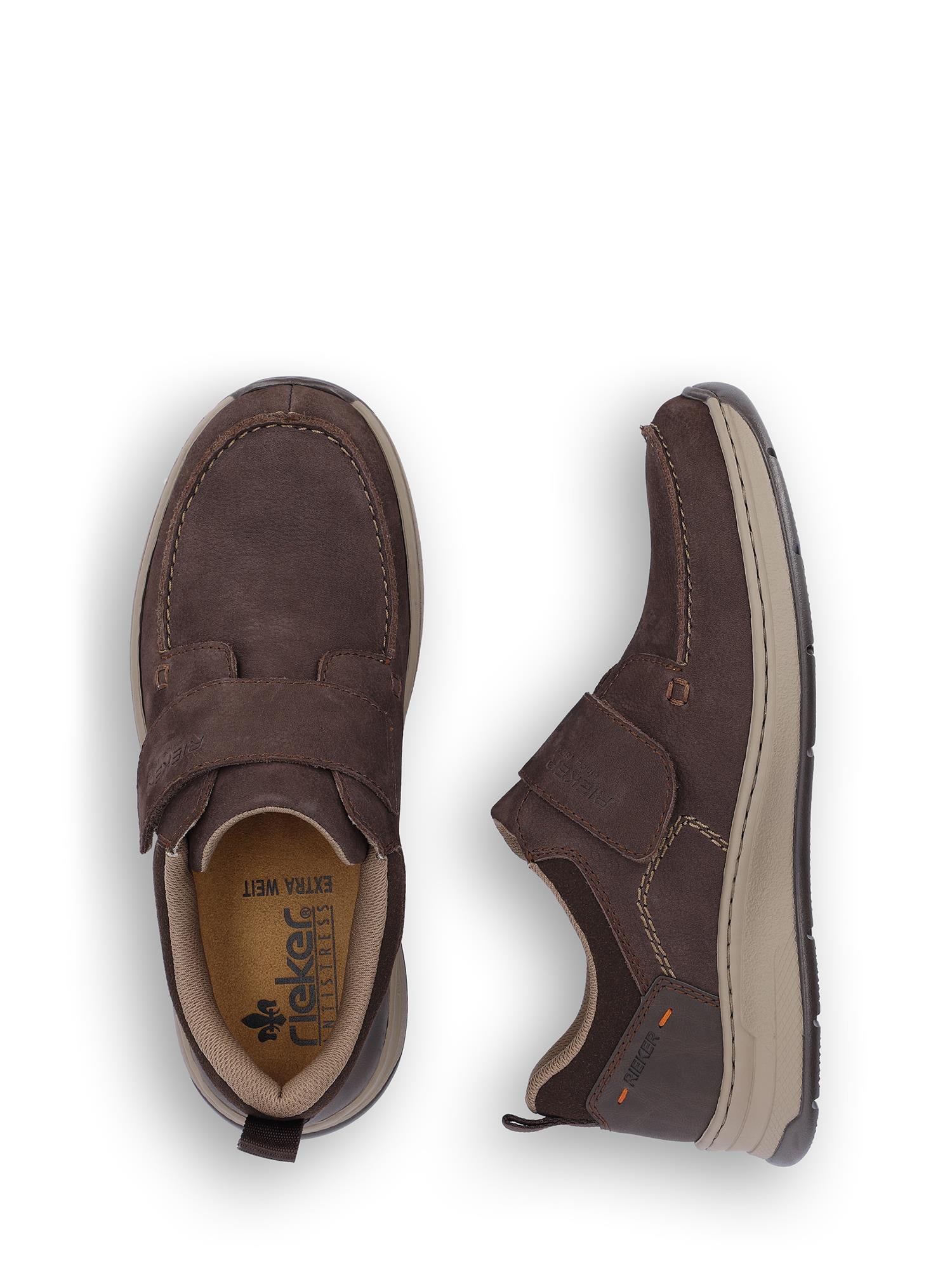 04405 Rieker Velcro Leather Shoes fra Rieker Comfort & Style er brune naturskinn herresko med polstrede innleggssåler, Antistress-teknologi og lyse såler, vist fra oven og fra siden.