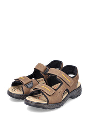 08044 Rieker Troy-sandalen fra Rieker Comfort & Style er en brun sandal med åpen tå, svarte såler, justerbare borrelåsstropper, polstrede innleggssåler, gule sømmer og en mønstret fotseng for avslappet komfort.