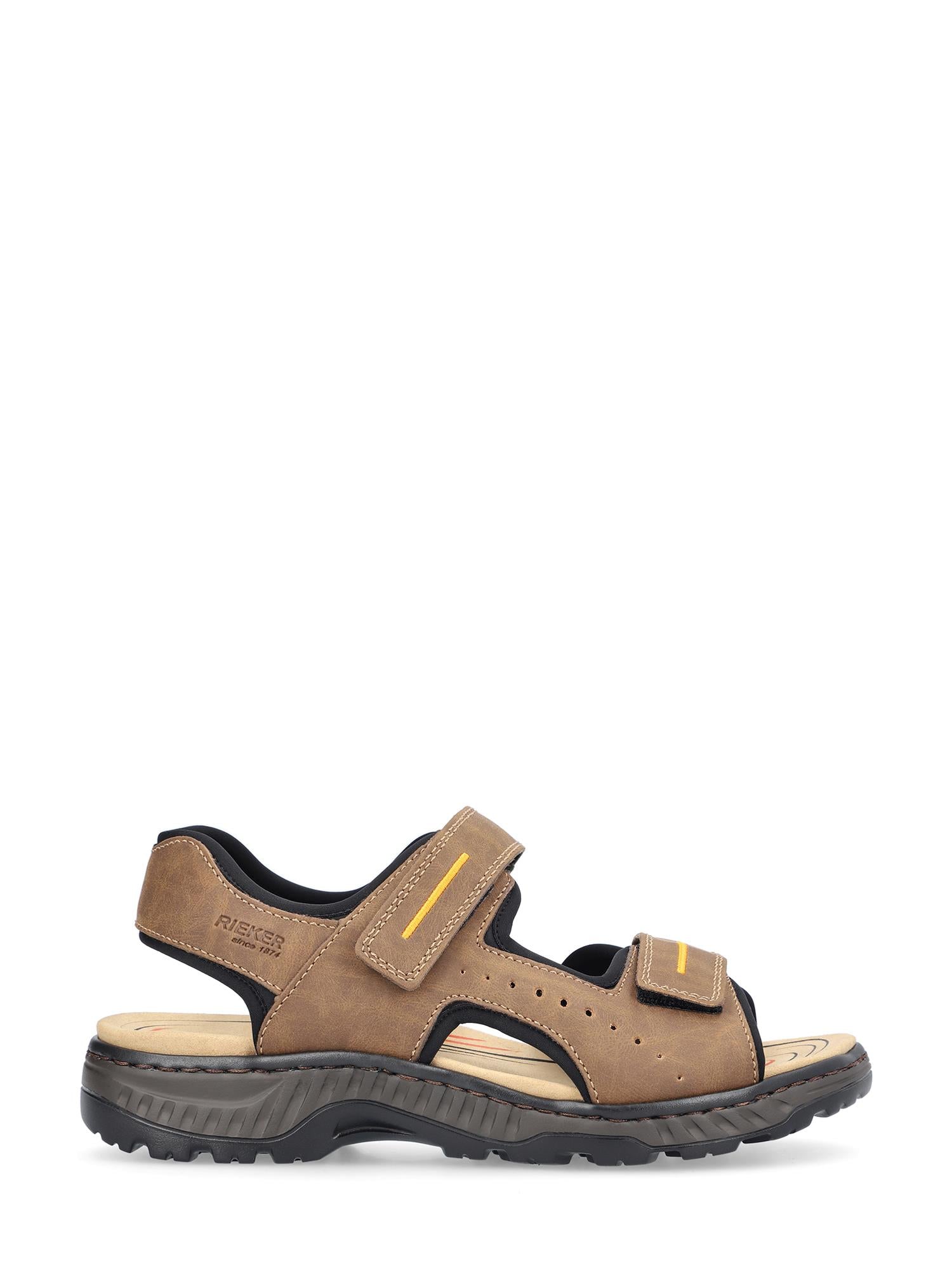 08044 Rieker Troy-sandalen for menn fra Rieker Comfort & Style har justerbare borrelåsstropper, en solid svart gummisåle, gule detaljer og perforeringer for pusteevne – alt designet for komfort og støtte.