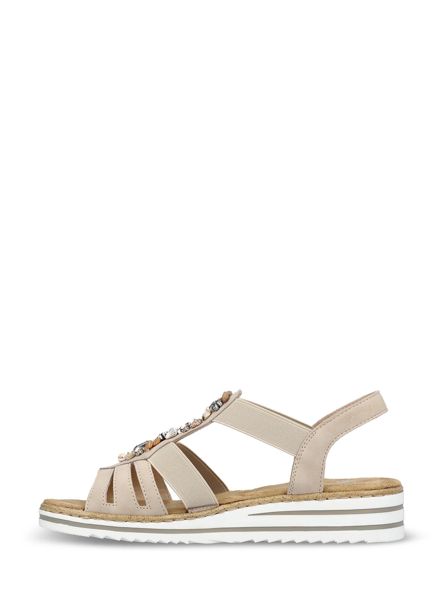 08090 Rieker Crystal Shell sandal fra Rieker Comfort & Style er en beige kilehæl med åpen tå, elastiske remmer, edelstener, en slingback-rem og en hvit såle med solbrune og brune detaljer for elegant komfort.