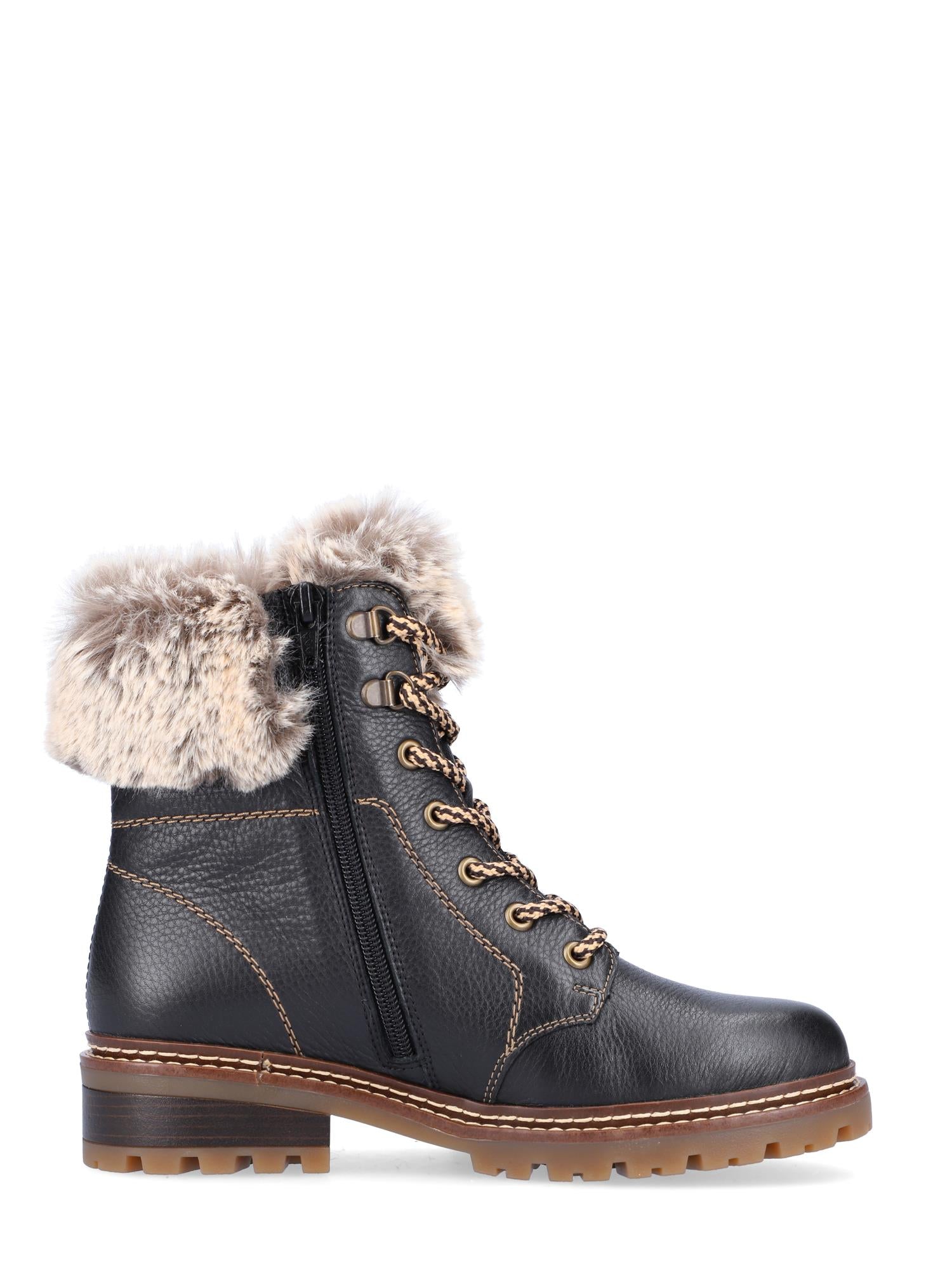 Remonte 04794 Vintersko er en ankelstøvel i svart skinn med en kraftig brun såle, beige sømmer, glidelås på siden, krage i fuskepels og varm ullfôr - klassisk Remonte-stil med sikkert Fiber-Grip for vinterkomfort.
