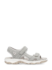 07503 Rieker Grey Sport-sandalen fra Rieker Comfort & Style har justerbare stropper, åpen tå, en tykk, hvit såle med tekstur og Antistress-teknologi for komfort hele dagen – ideell for fritidsbruk.