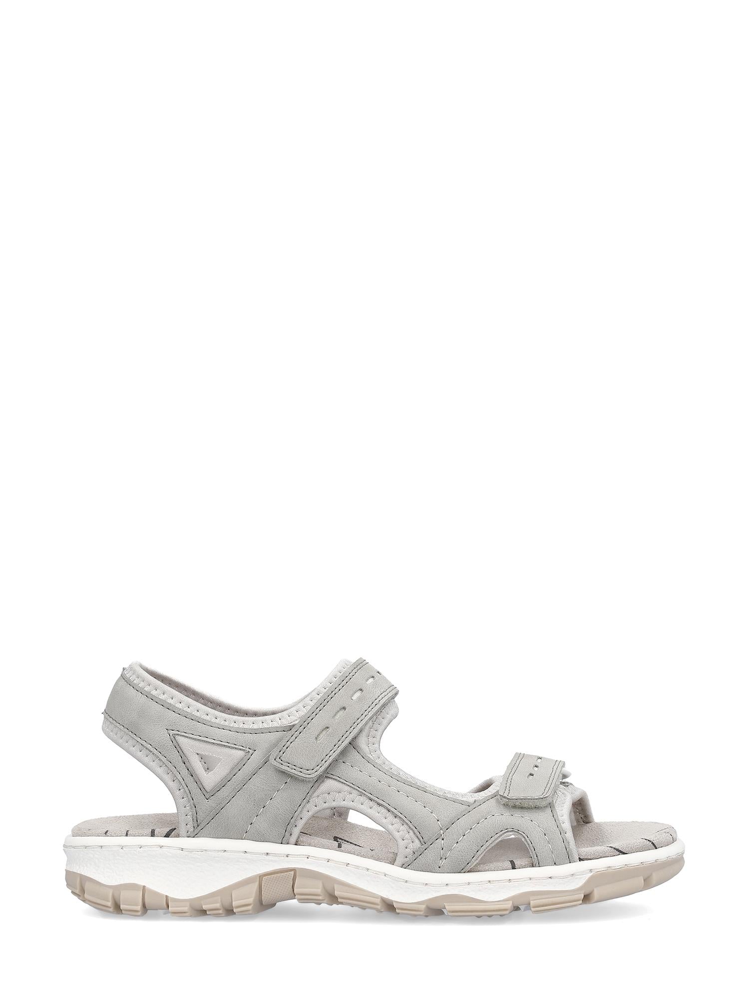 07503 Rieker Grey Sport-sandalen fra Rieker Comfort & Style har justerbare stropper, åpen tå, en tykk, hvit såle med tekstur og Antistress-teknologi for komfort hele dagen – ideell for fritidsbruk.