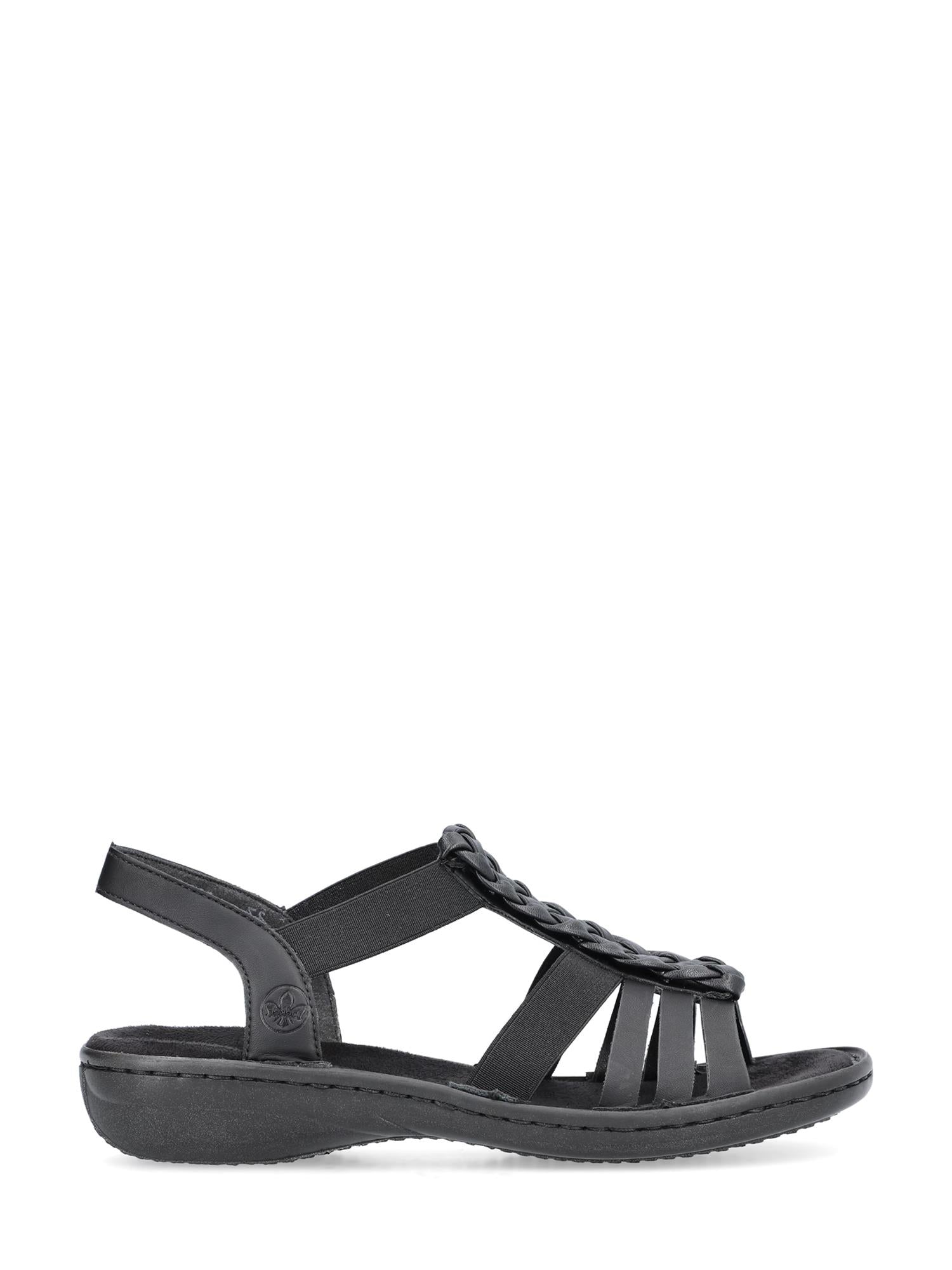 07495 Rieker Weave Sandal fra Rieker Comfort & Style er en svart sandal med åpen tå for kvinner, lav kilehæl, slingback, dekorativ veving, flere remmer, inkludert elastiske, og en polstret såle.