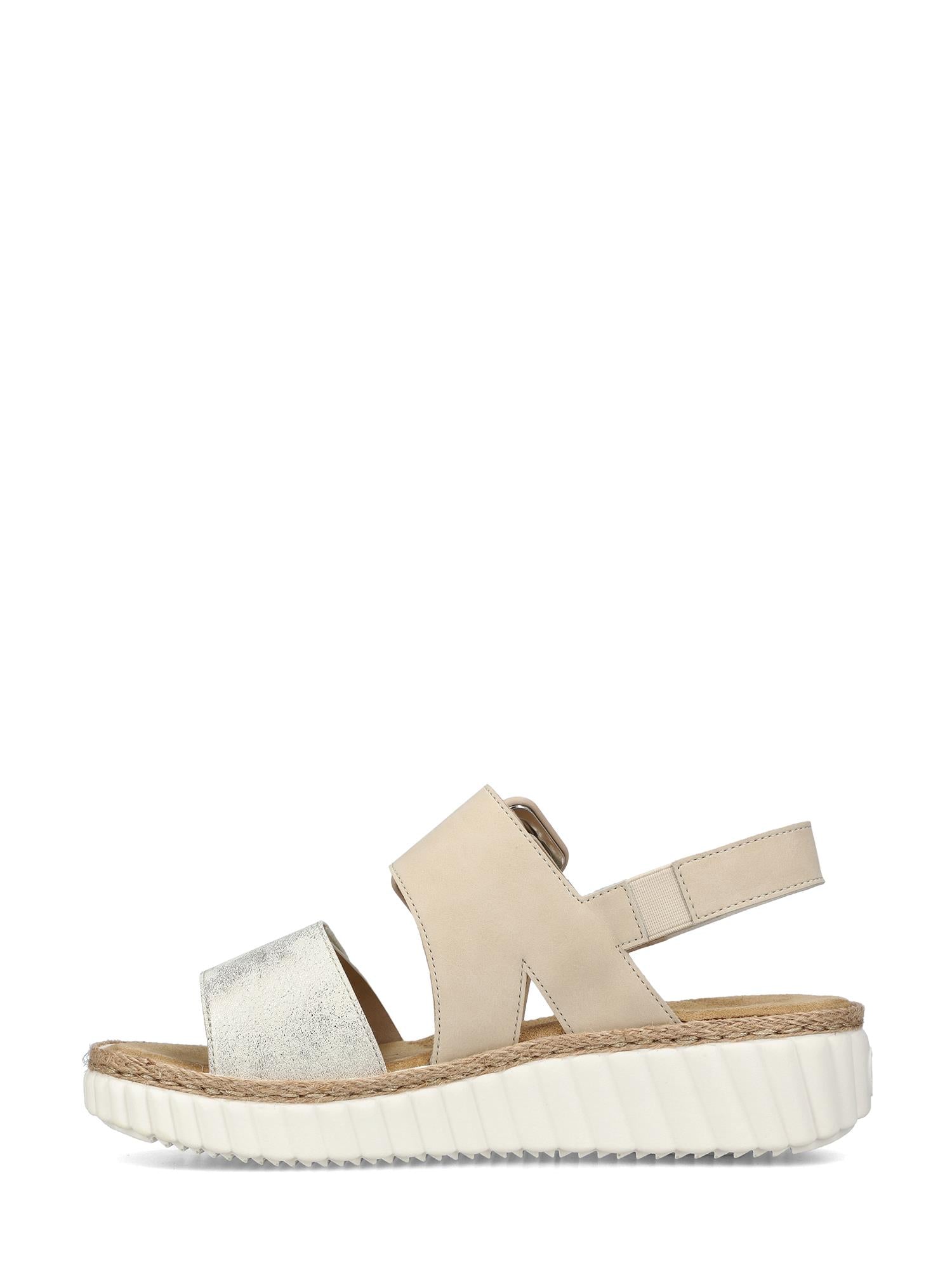 Gå komfortabelt og stilfullt med 02173 Rieker Beige Breeze Sandal fra Rieker Comfort & Style, med slingback-rem, polstret innersåle, mellomsåle i jute og en tykk, hvit, riflet såle.
