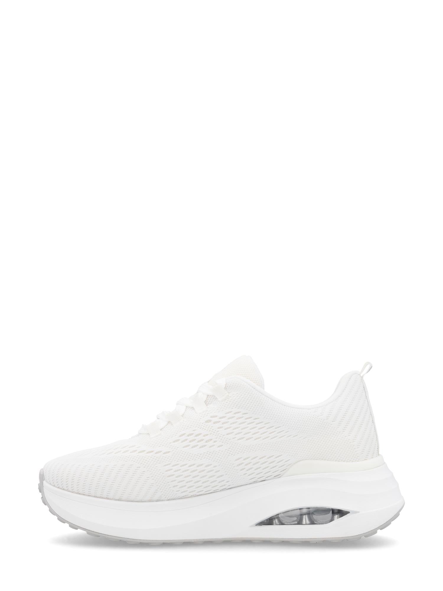 03571 Rieker Velina Drysport Sneaker fra Rieker Sport er en hvit damesko med overdel i strukturert mesh, hvite snørebånd, tykk såle og synlig luftpute. Denne veganske joggeskoen tilbyr pustende komfort i et rent, minimalistisk design.