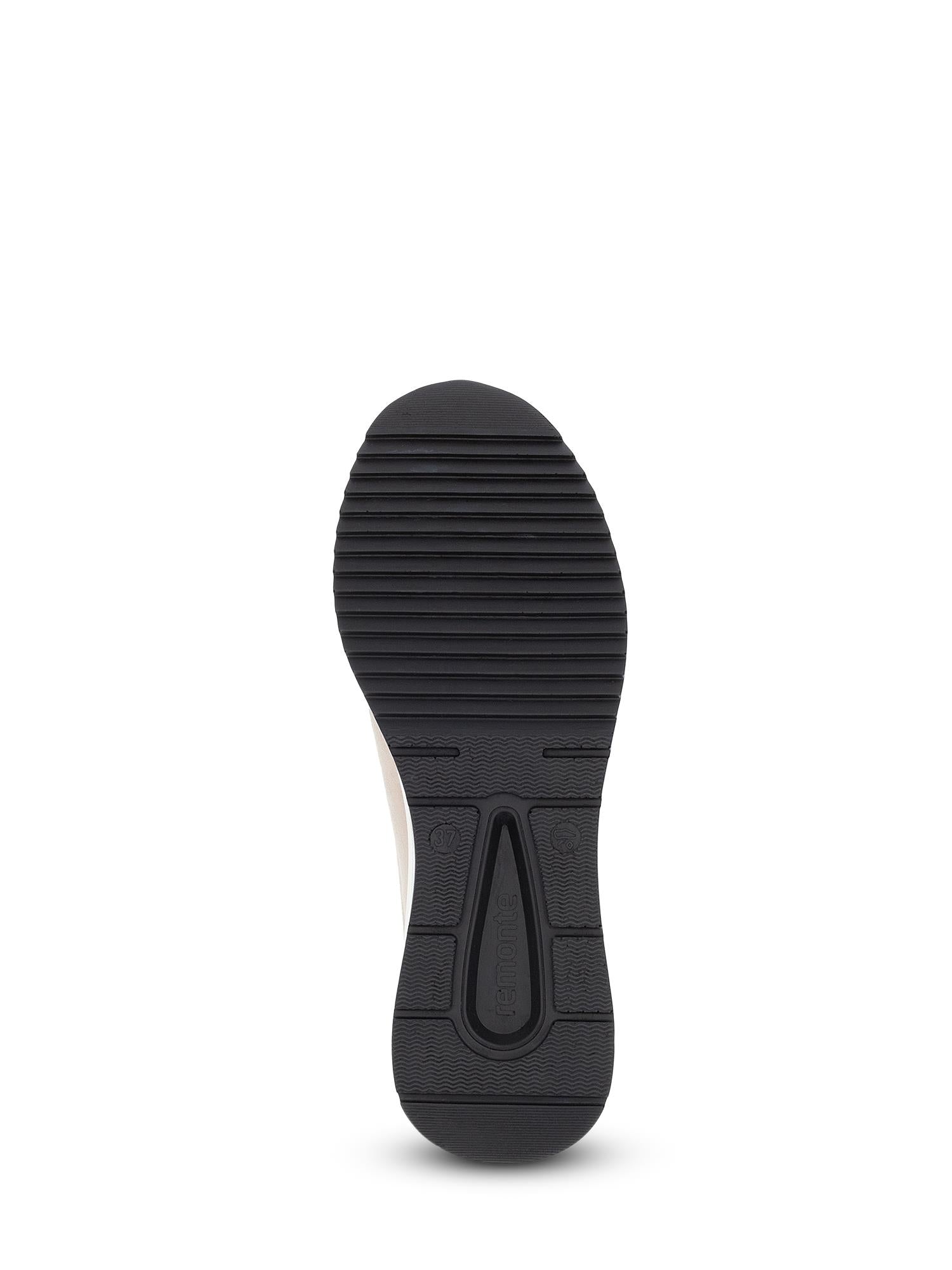 Bunnbildet av Remonte 04961 High Soft Multi Sneaker Beige-sålen viser horisontale spor ved tåen og hælen, et teksturert grepmønster og Remonte-merking i midten.