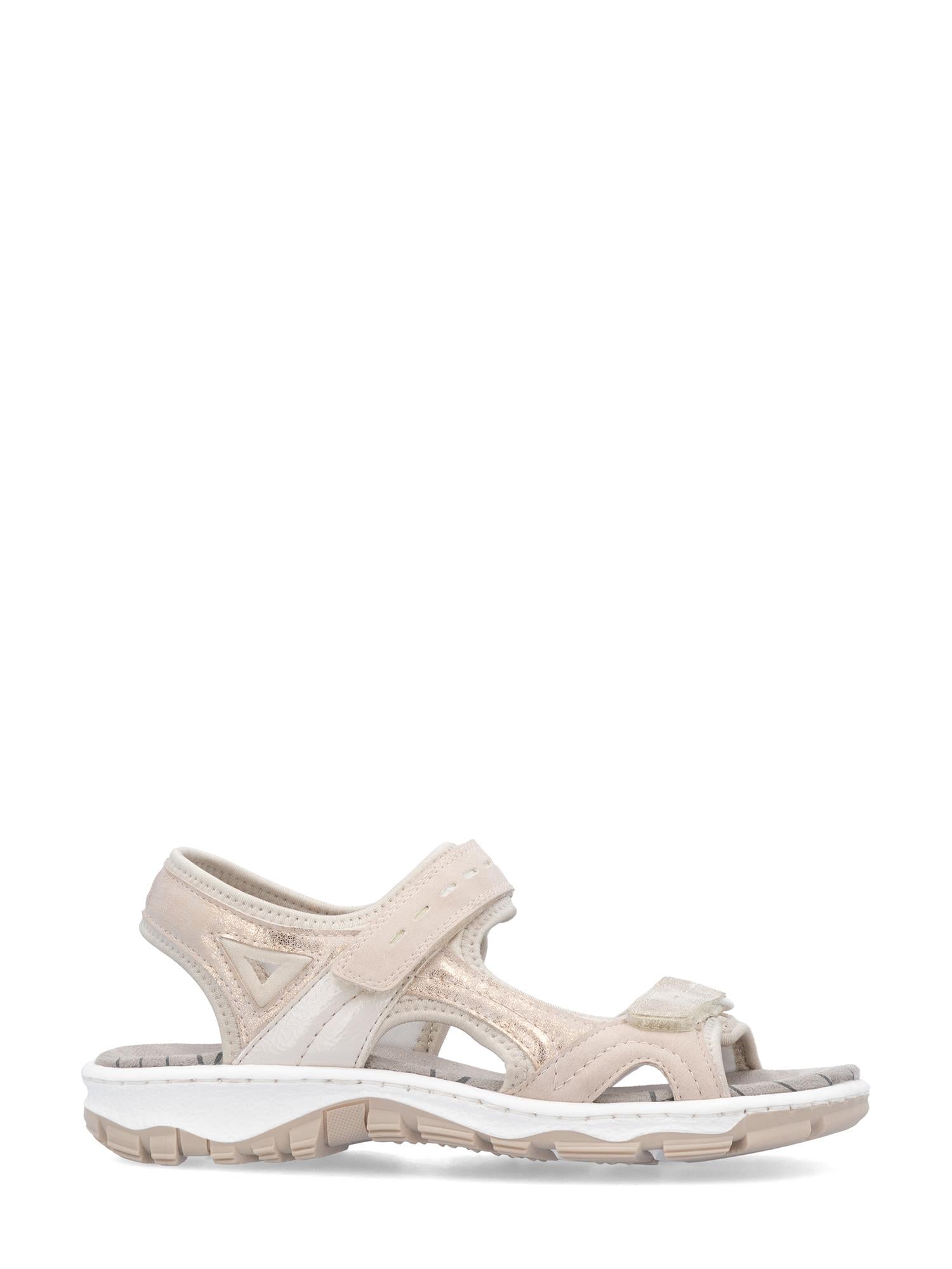 03024 Rieker Rose ComfortWave Sandal fra Rieker Comfort & Style har justerbare borrelåsstropper, en dempet såle, et feminint cut-out-design og er vist i sideprofil på hvit bakgrunn.