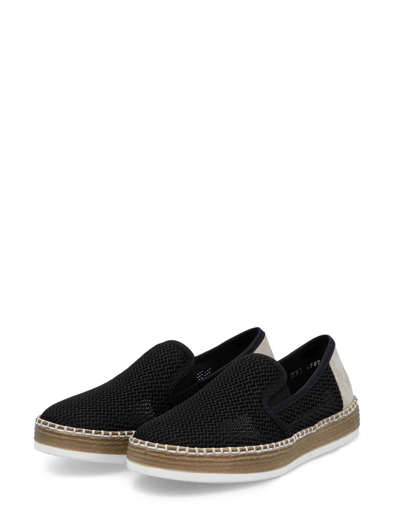 Et par svarte slip-on espadriller med overdel i mesh, beige hældetalj, hvit såle og lysebrun yttersåle-03156 Rieker BreezeWalk Sommersko fra Rieker Comfort & Style for sommerkomfort.