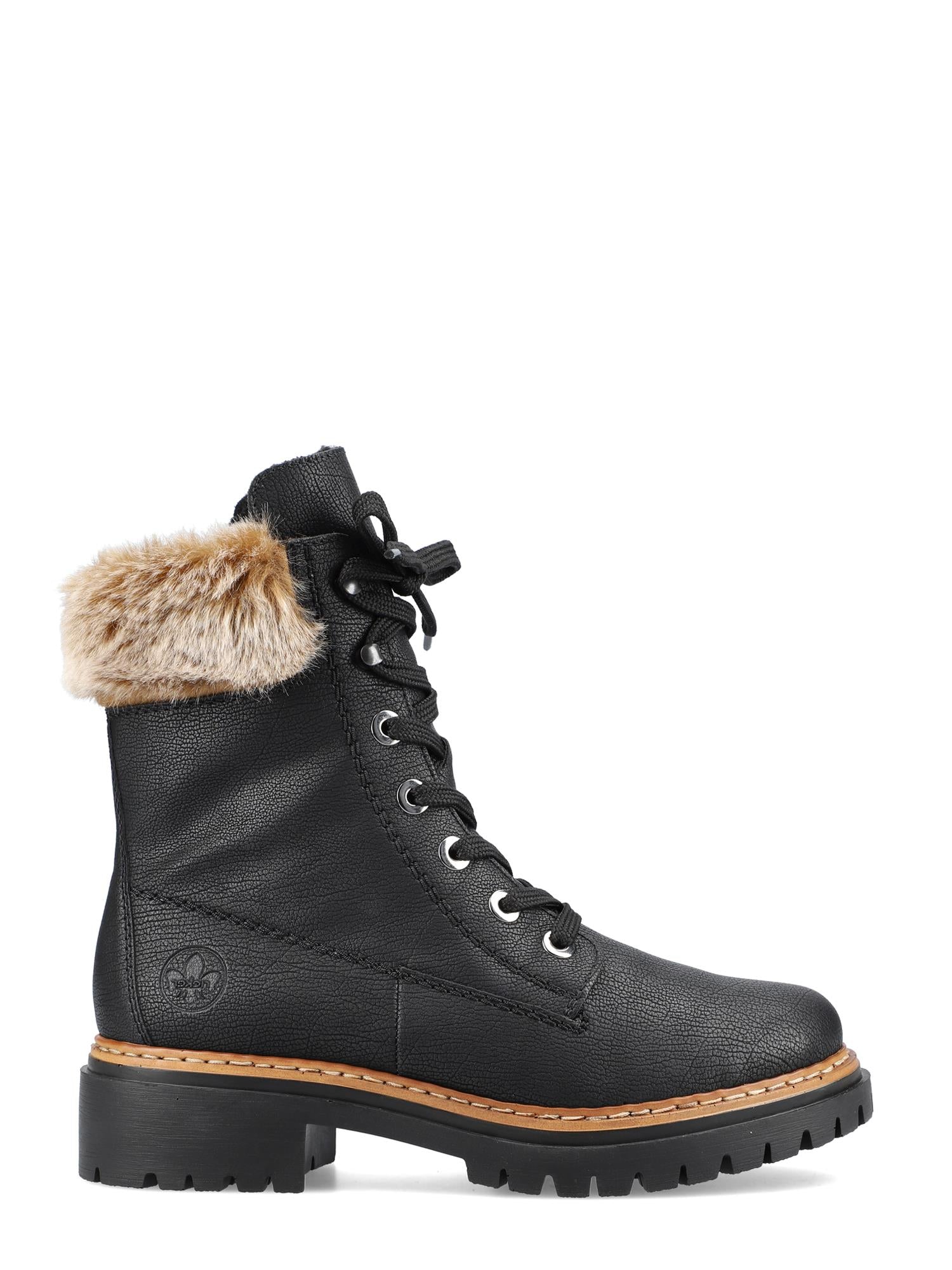 05377 Rieker pelsstøvlene fra Rieker Comfort & Style har svart snøringdesign, brun pelskrage, teksturert skinn, brun såle og en kraftig, mønsterbelagt hæl.