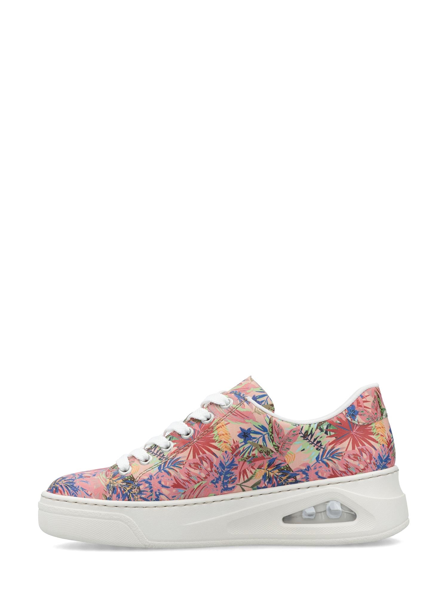 03284 Rieker ColorSplash-sneakersene fra Rieker Comfort & Style er lave sko med tykk hvit såle, antistressteknologi og et livlig blomstermønster i rosa, oransje, blått og grønt. Hvite lisser og detaljer fullfører det friske, flerfargede utseendet.