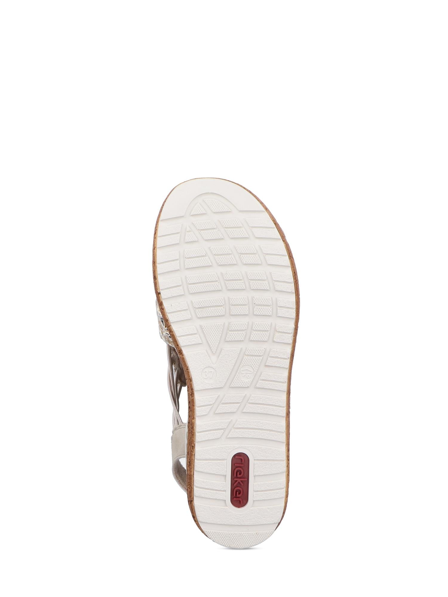 Bildet viser undersiden av 02991 Rieker Lumea Sandal fra Rieker Comfort & Style, med en hvit, strukturert såle med geometrisk mønster for grep og en rød logo nær hælen, designet for komfort med Antistress-teknologi.