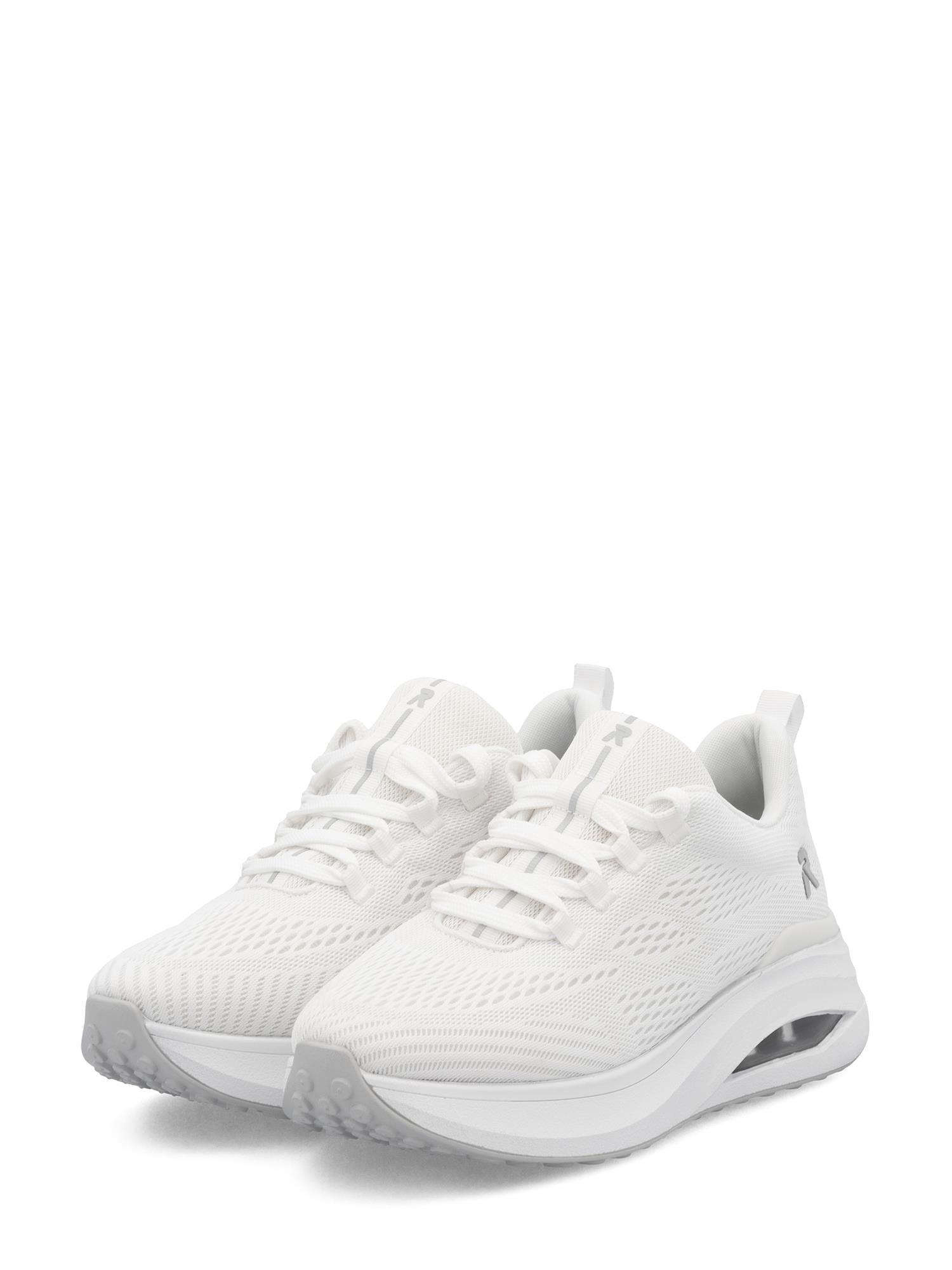 Rieker Sport 03571 Velina Drysport Sneaker er en hvit sporty damesko med overdel i teksturert mesh for god pusteevne, snørelukning, tykk gummisåle og en diskret luftputehæl.