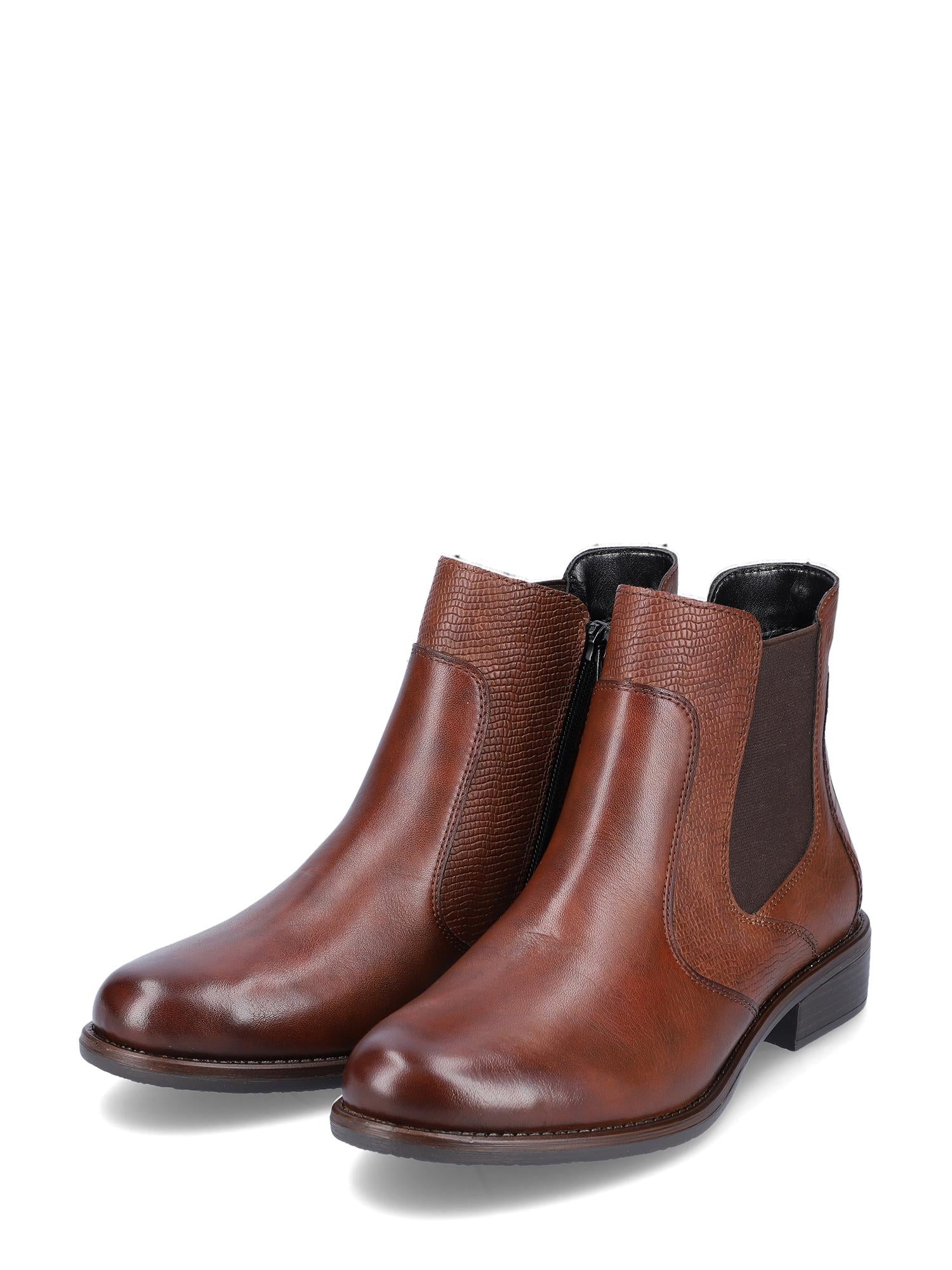 Remonte 04802 Brown Leather Zip Boots har elastiske sidepaneler, ankeldetaljer, lave hæler, svarte såler og gir komfort. Vises på en hvit bakgrunn.