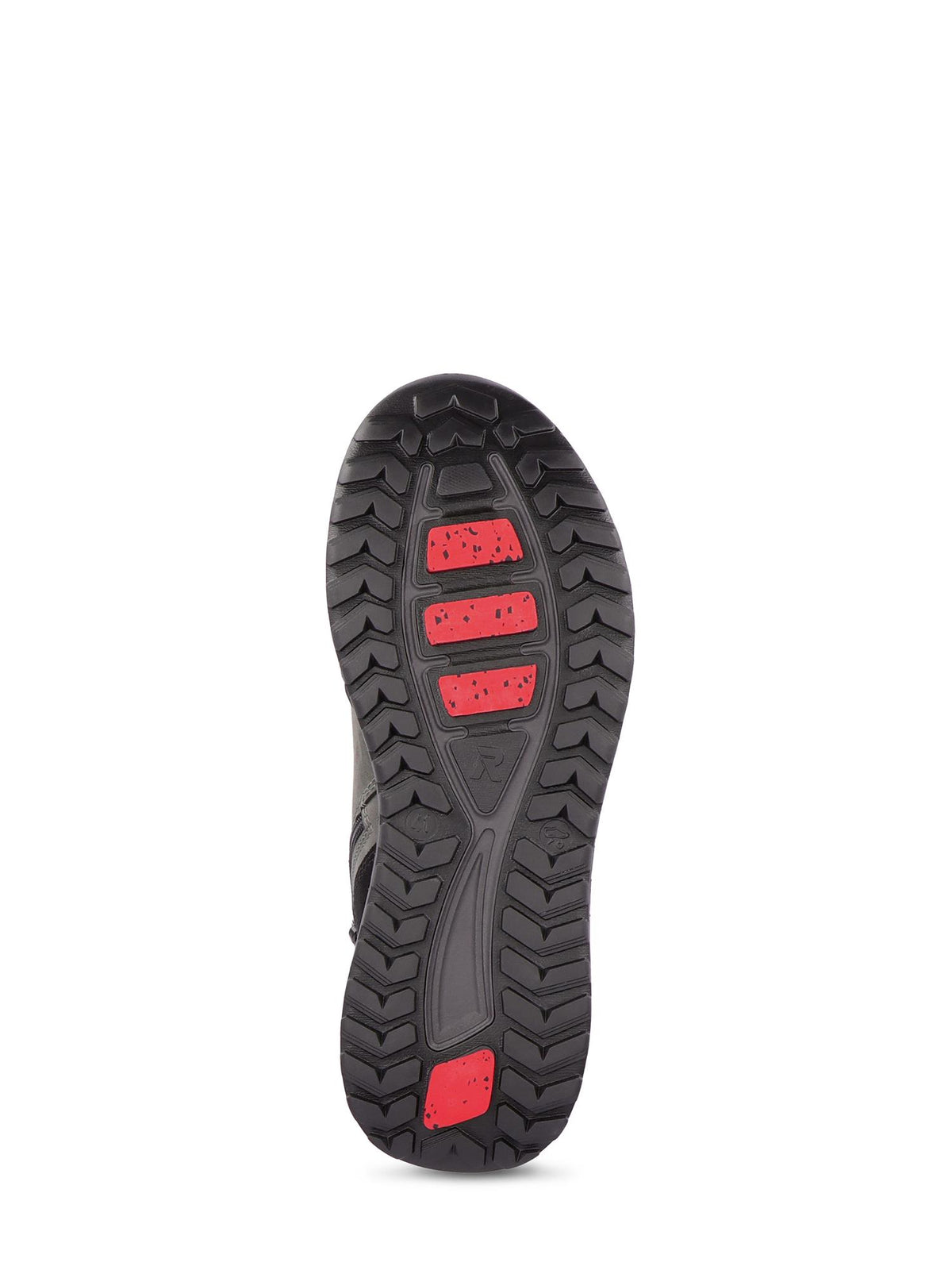 Sålen på Rieker Sport 04505 Rieker-Evolution Coal Boot Tex-Membran Ice-Grip har dypt grep, tre røde gummiinnlegg og RevolutionSoft-komfortteknologi, som vises på en vanlig hvit bakgrunn.