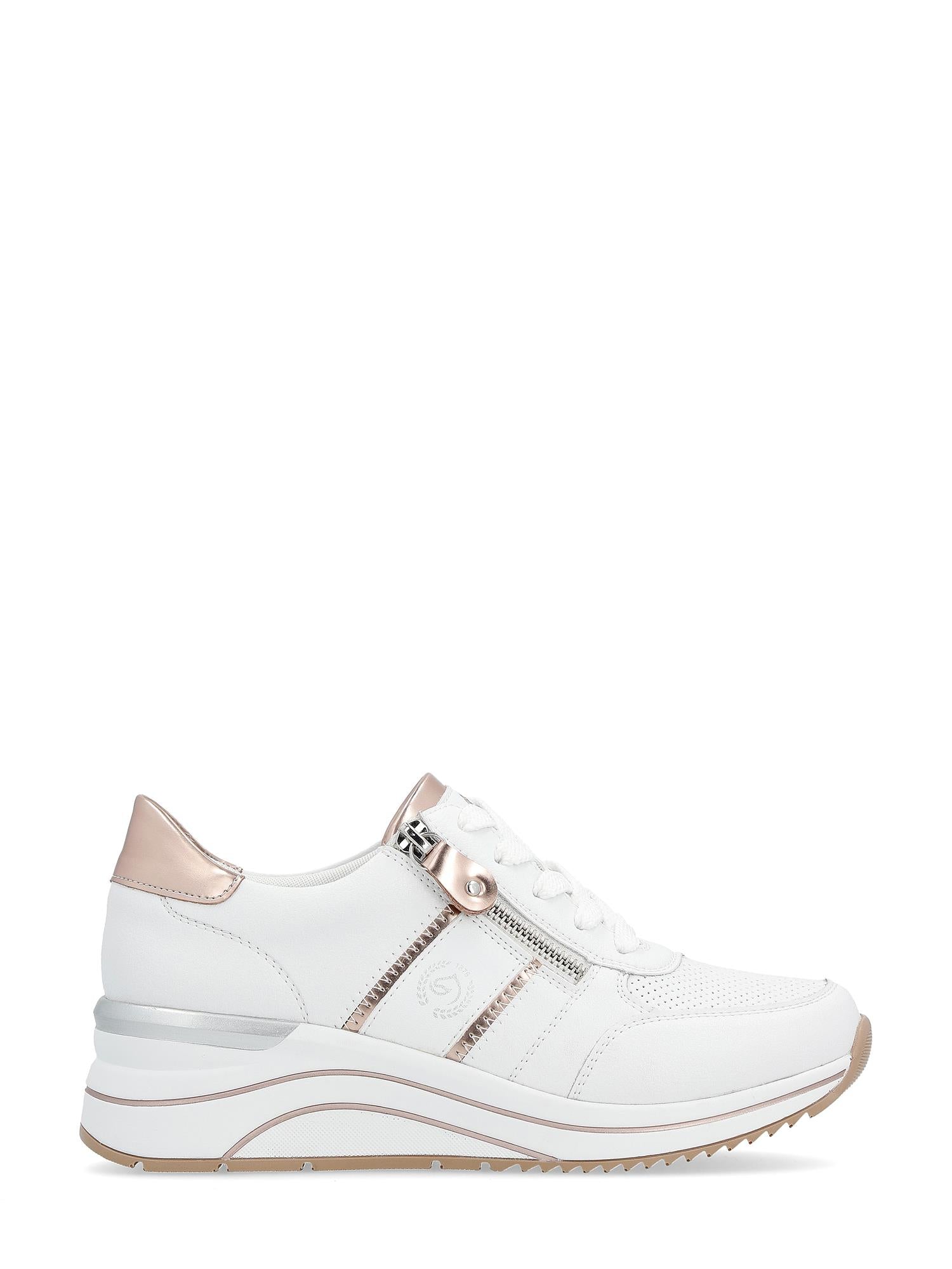 Remonte 03114 Draper White Leather er en joggesko i hvitt skinn med metalliske detaljer i roségull og sølv, glidelås på siden, snøring foran, dempet hæl, lagdelt såle for ekstra komfort og stilige perforeringsdetaljer.