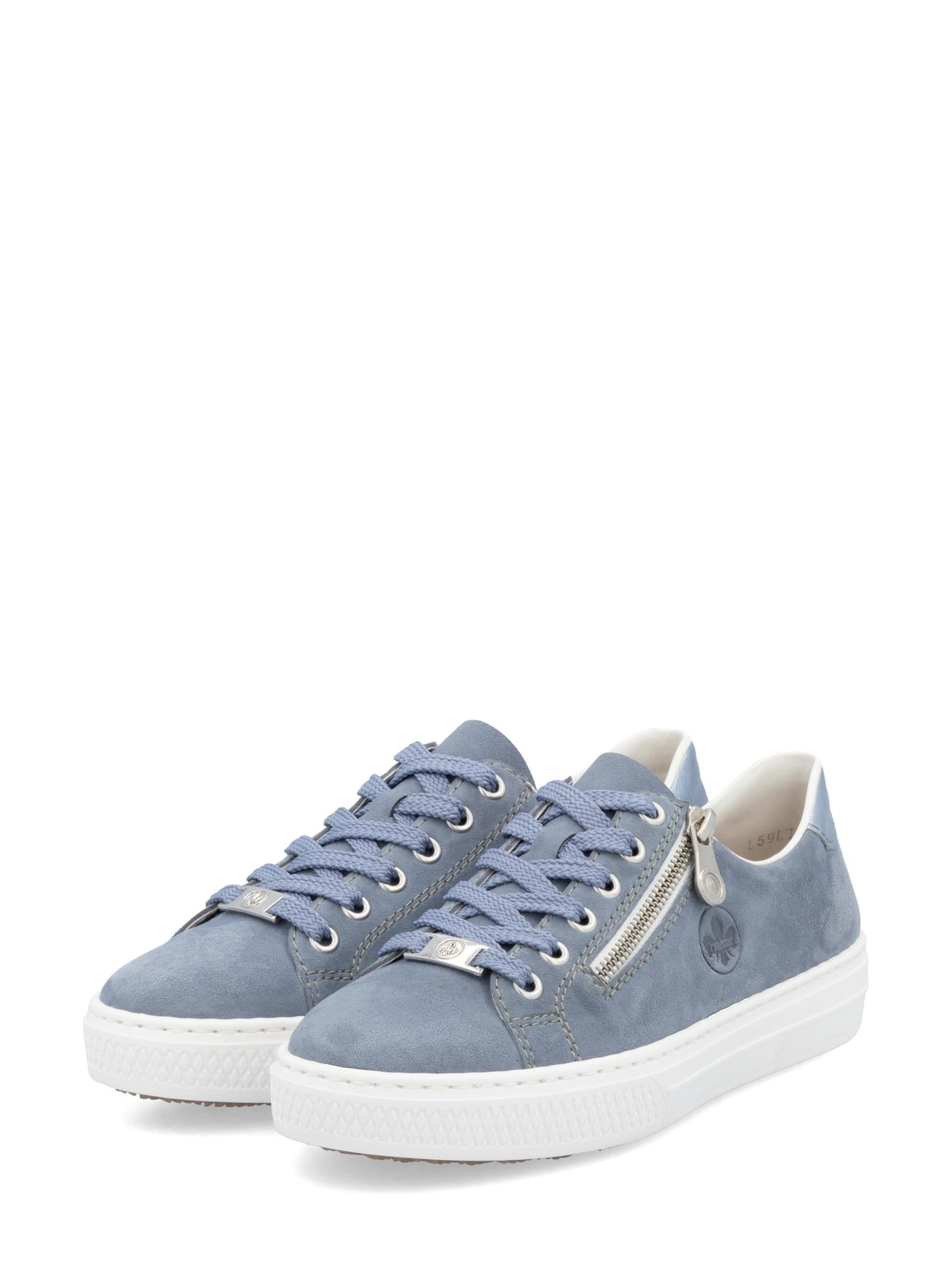 Rieker Comfort & Style 03154 Vital Comfort Sneakers i blått har semsket overdel, hvite gummisåler, blå lisser, sølvfargede glidelåser på siden, en preget hællogo, mykt hvitt fôr og antistress-sålekomfort.