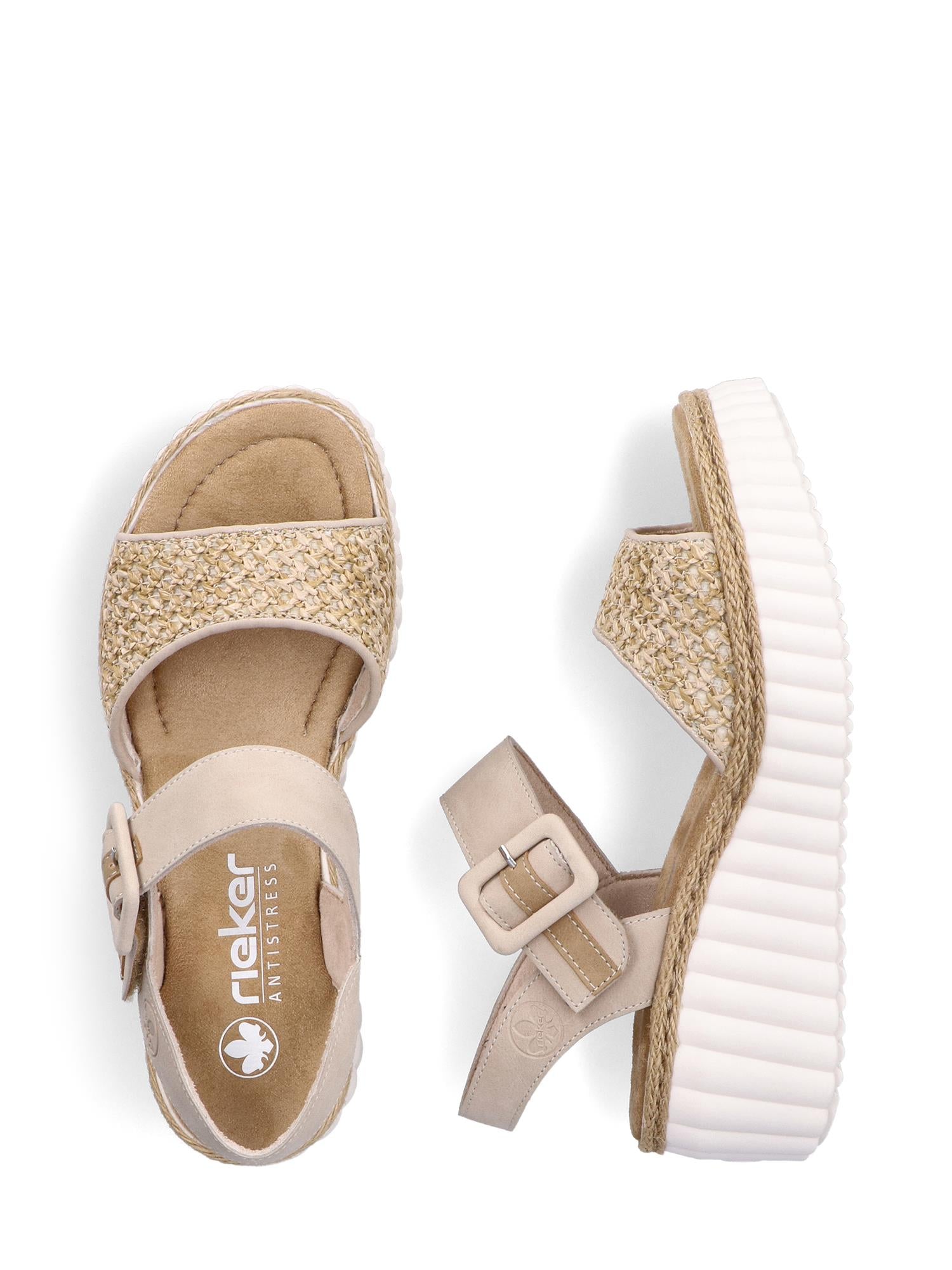 03047 Rieker Celensa Sandal Beige fra Rieker Comfort & Style har vevd overdel, tykke, hvite såler med riller, en justerbar ankelrem med spenne og Antistress-teknologi på innersålen; vist ovenfra og fra siden.