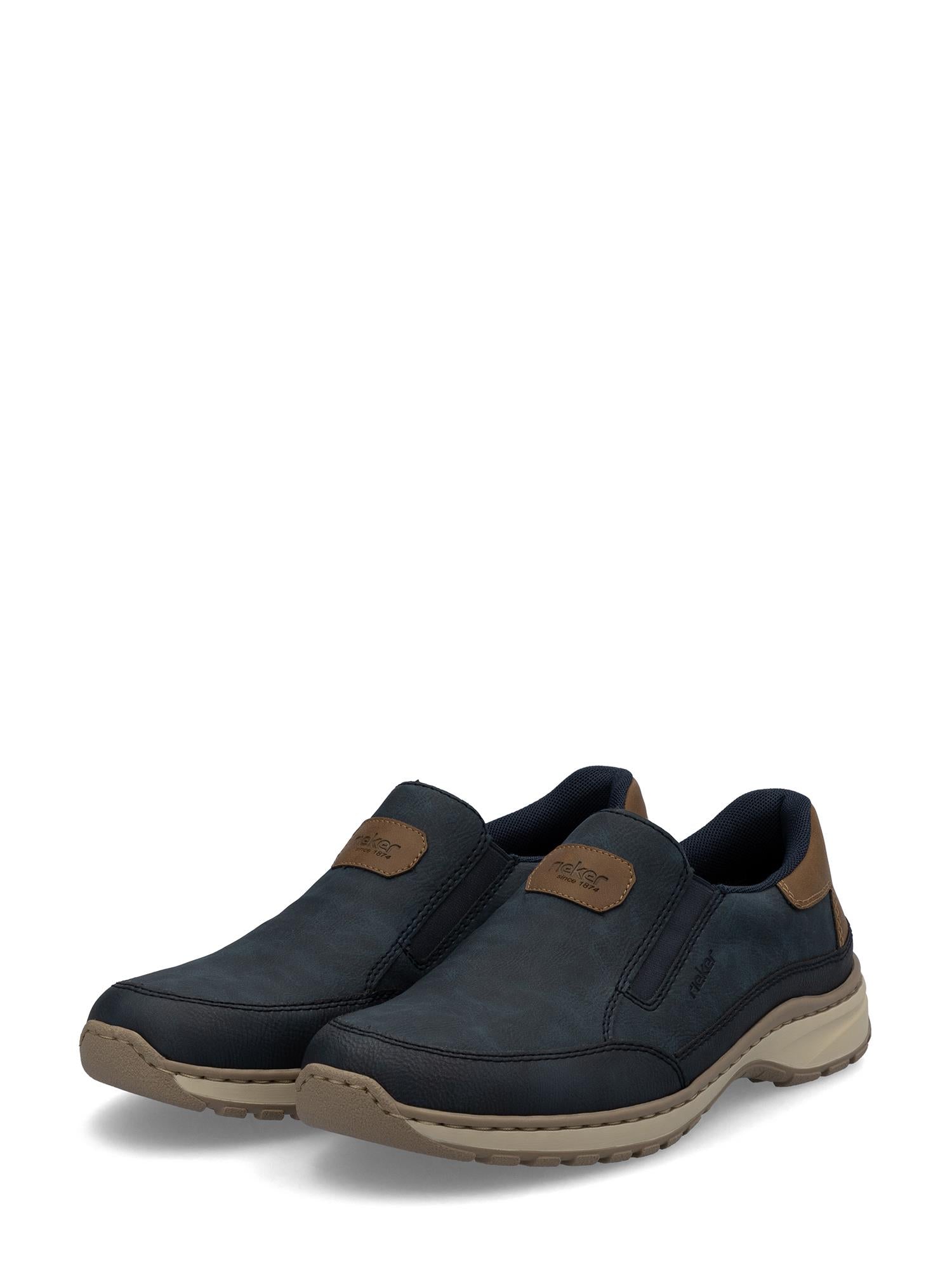 09903 Rieker Almanda Buxton Balti slip-on fritidssko fra Rieker Comfort & Style i mørkeblå med brune detaljer har elastiske sider, beige såler og robust komfort - perfekt komfort sko menn for hverdagsbruk.