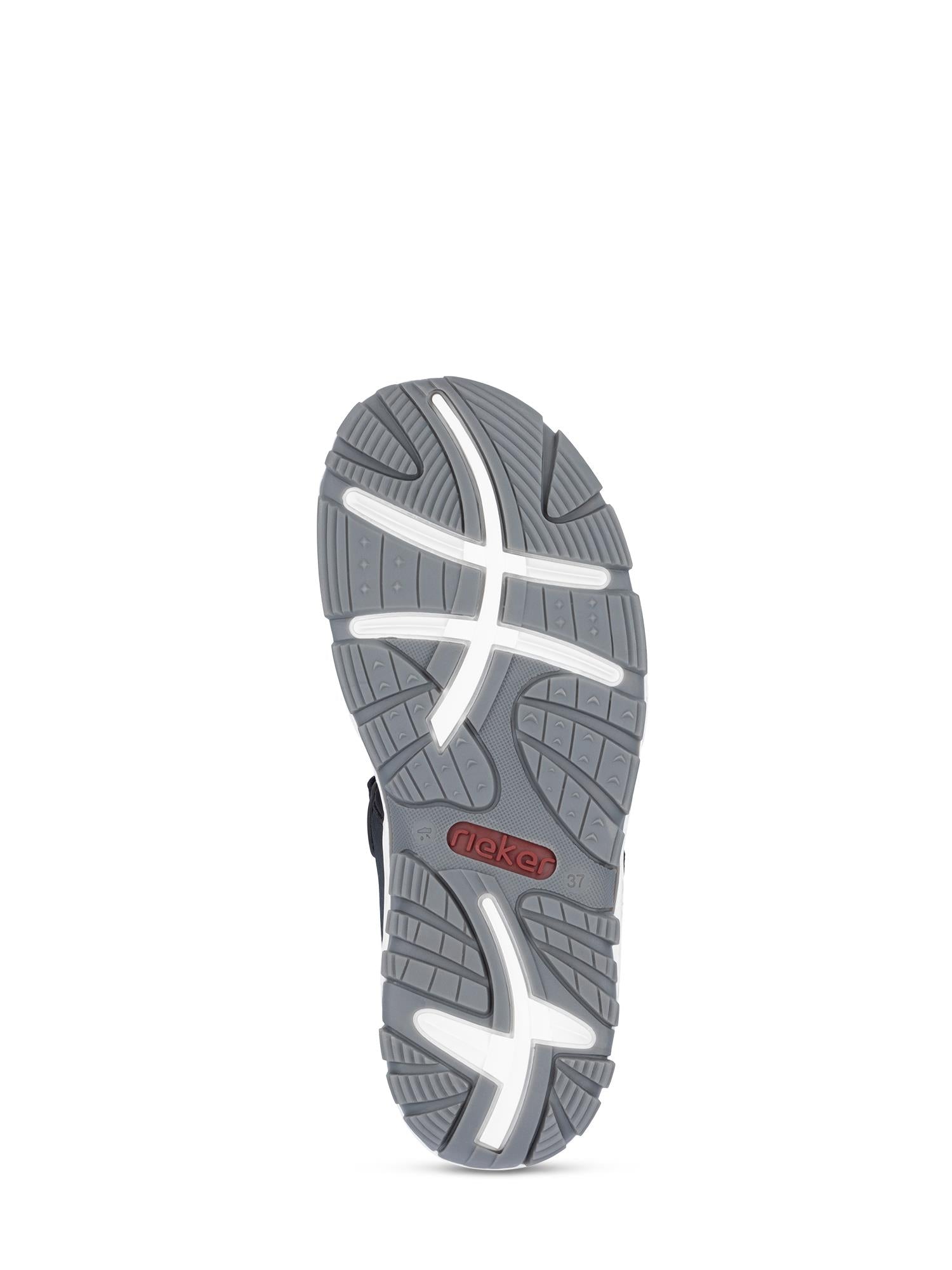 Bildet viser den grå gummisålen på 03009 Rieker Marine ComfortWave Sandal fra Rieker Comfort & Style, med teksturerte slitebaner, hvite aksenter, en rød Rieker-logo i midten og synlig størrelse 41 for komfort hele dagen.