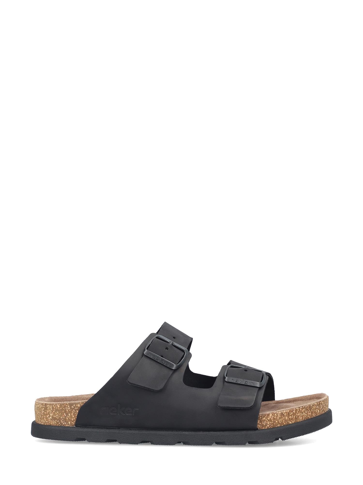 02923 Rieker Elion herresandal fra Rieker Comfort & Style i sort skinn med to justerbare spenner og korkfotseng, vist fra siden mot hvit bakgrunn.