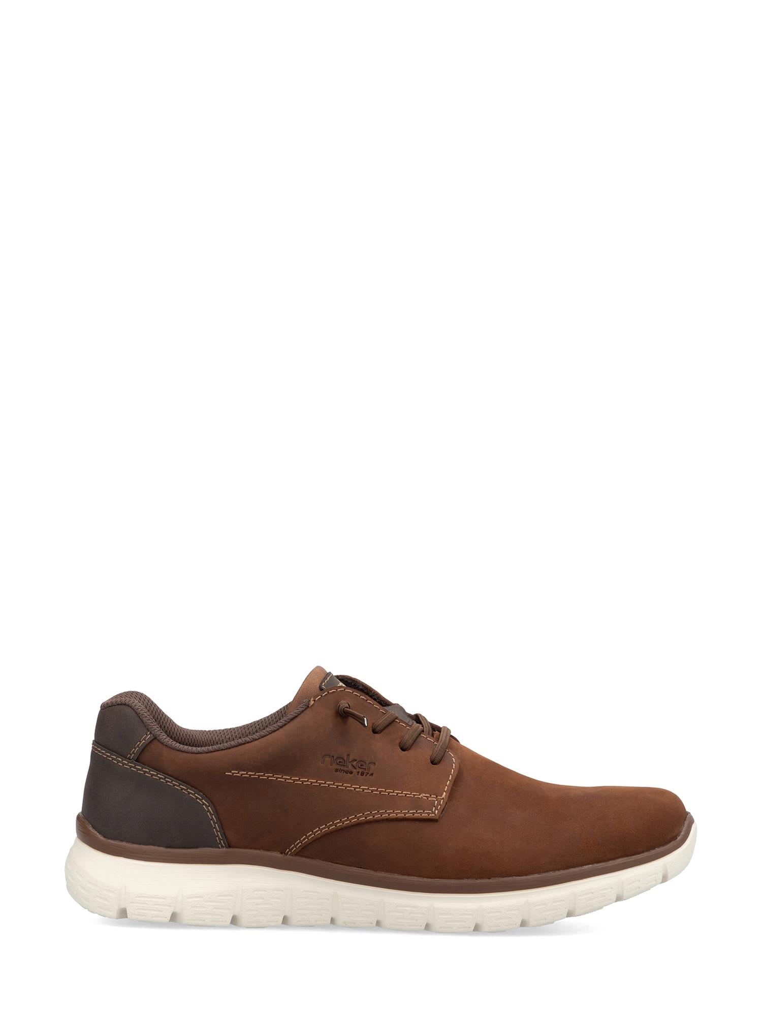 07550 Rieker Antistress Walker fra Rieker Comfort & Style er en brun fritidssko med mørke detaljer, hvite sømmer og en tykk hvit såle. Snøredesignet og den lave kragen sikrer komfort og stil for hverdagsbruk.
