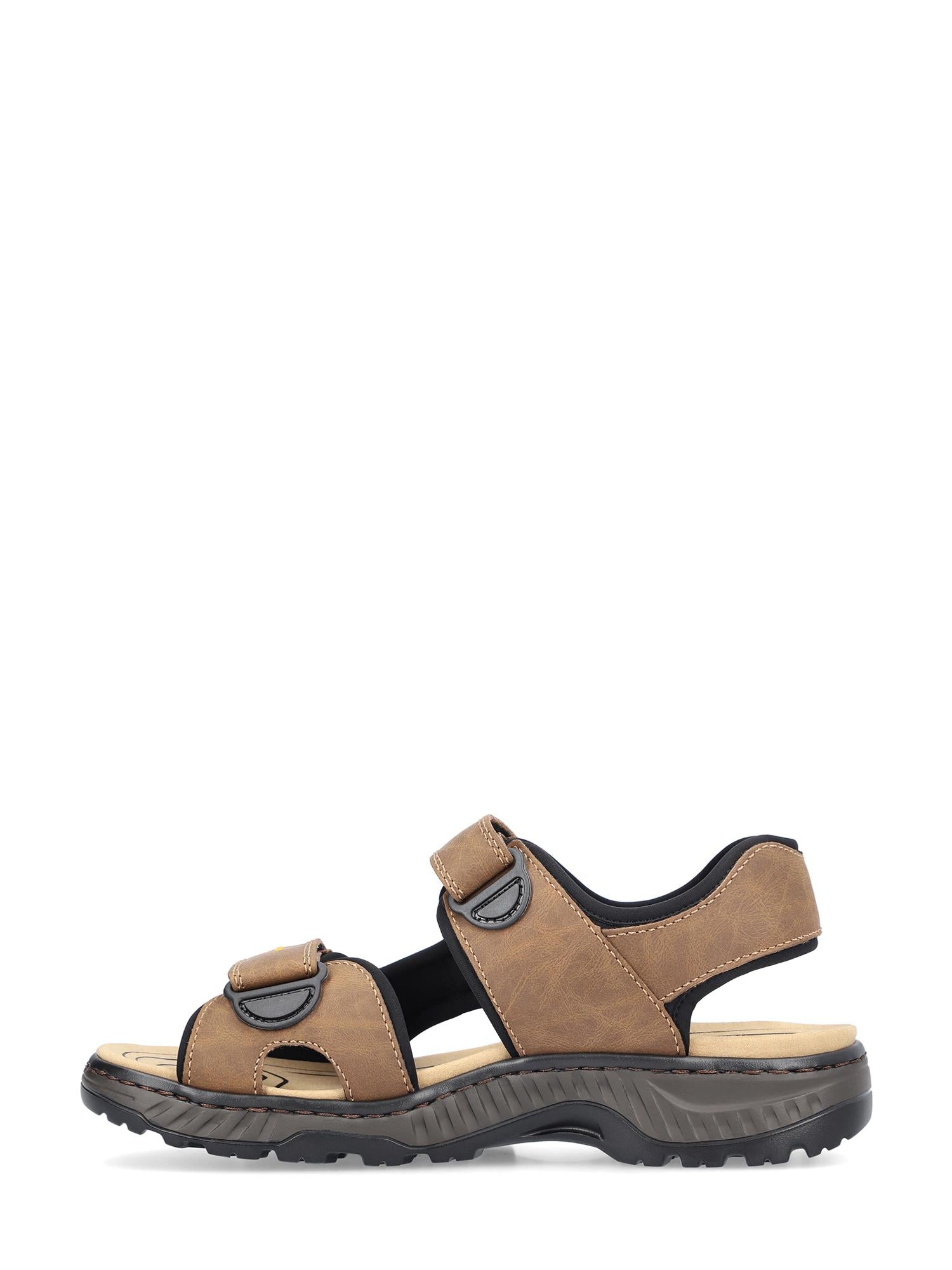 08044 Rieker Troy-sandalen fra Rieker Comfort & Style har brune og svarte farger, justerbare borrelåsstropper og en teksturert gummisåle, ideell for utendørs eller fritidsbruk; vist i sideprofil mot hvit bakgrunn.