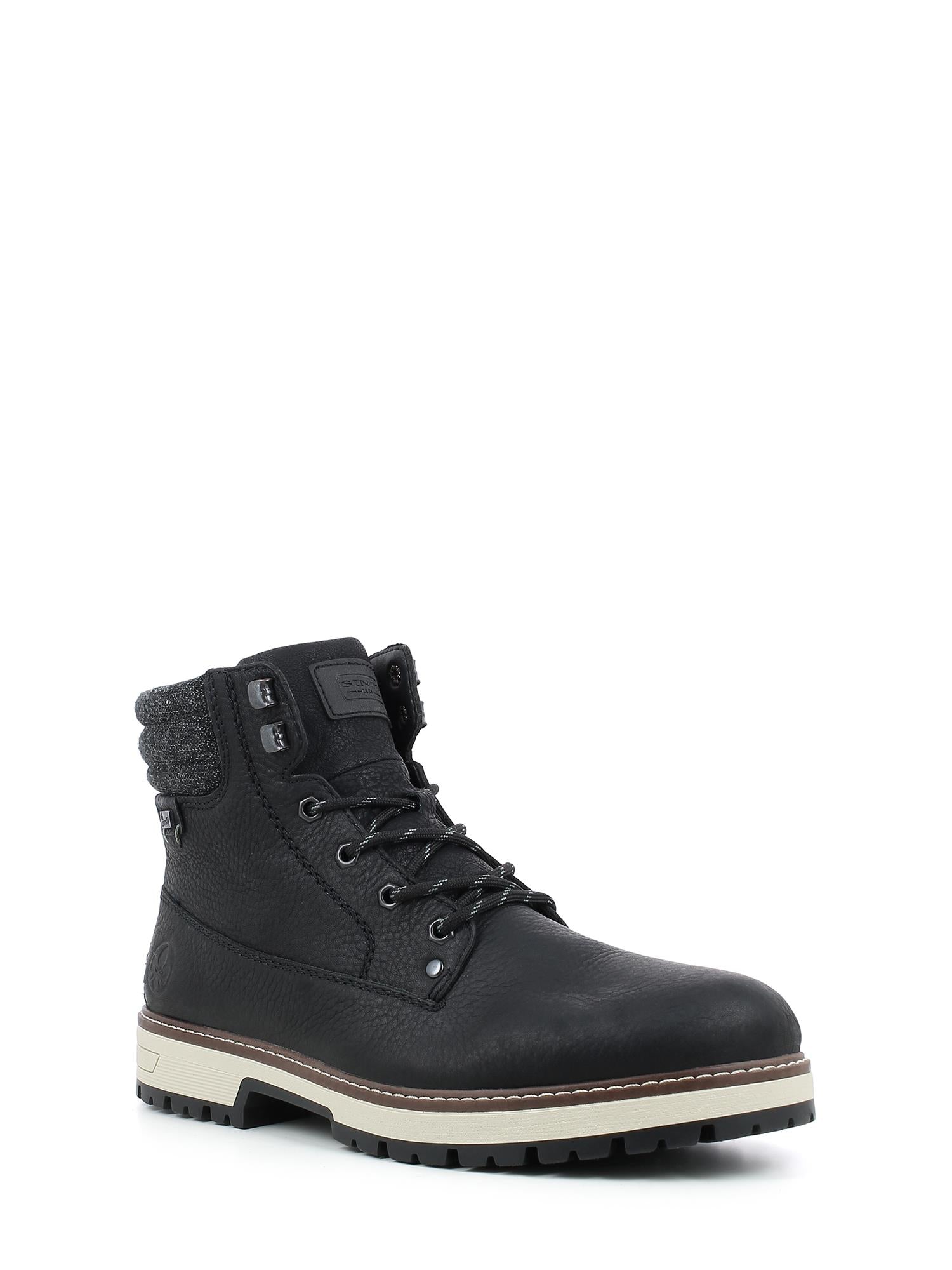 05403 Rieker Piggsko Varmfòret Tex-Membran fra Rieker Comfort & Style er en svart snørestøvel i skinn med robust slitebane, grå polstret ankelkrage og hvit mellomsåle. Den er utstyrt med Rieker TEX-teknologi og er avbildet på en ensfarget hvit bakgrunn.