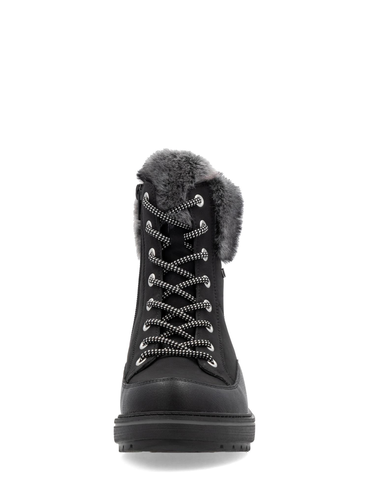 Remonte 05006 Premium leather tex black ullfôret med brodder støvel med hvite/svarte lisser, grått ankelfôr i fuskepels og solid konstruksjon fra Remonte, vist på hvit bakgrunn.