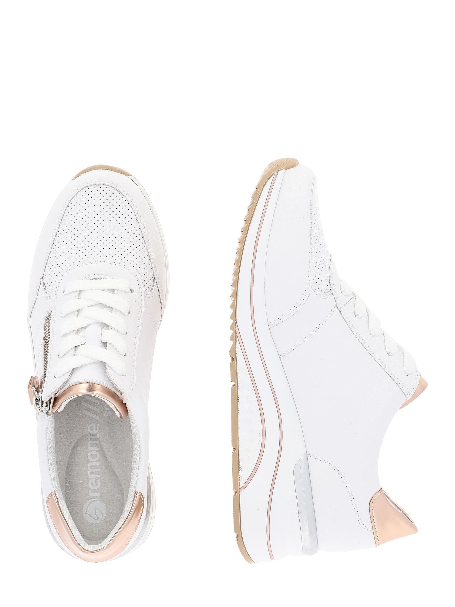 Remonte 03114 Draper White Leather joggesko har mykt hvitt skinn, lys beige såle og metalliske detaljer i roségull, vist ovenfra og fra siden på en hvit bakgrunn for optimal komfort.