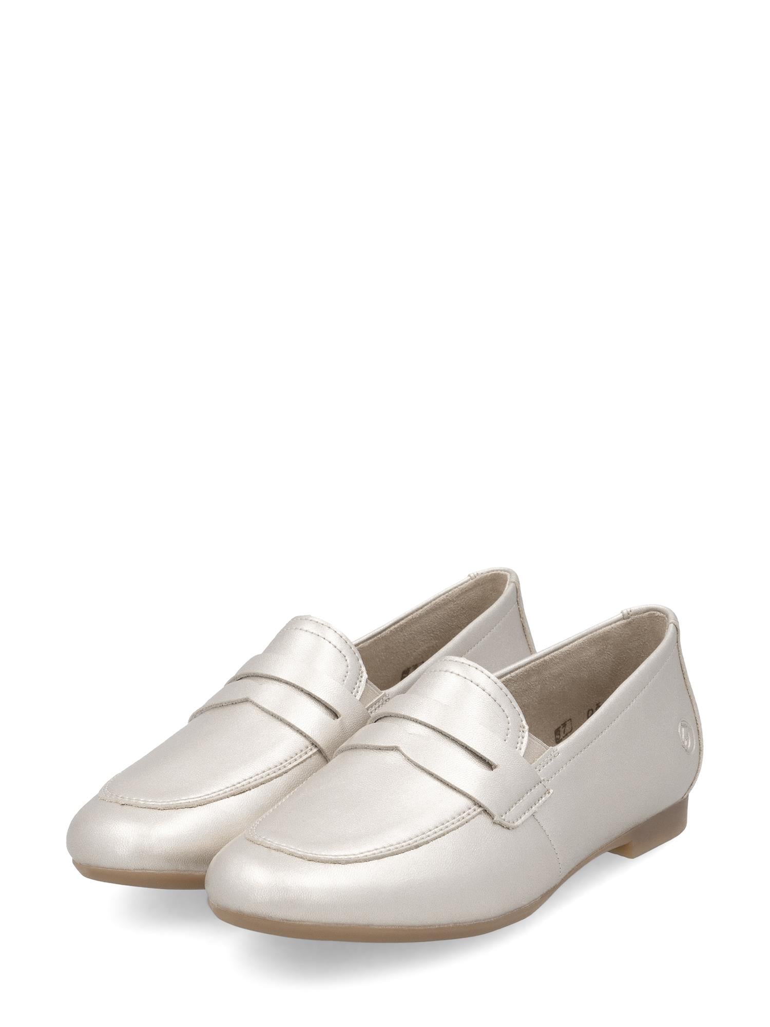 03111 Remonte GoldLine Mokkasiner fra Remonte er lysbeige mokkasiner laget av glatt skinn av høy kvalitet, med lav hæl og enkel stroppdetalj over toppen, vist på en hvit bakgrunn.