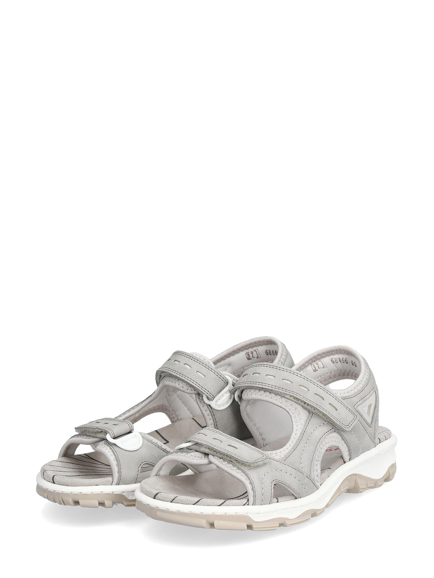 07503 Rieker Grey Sport-sandalen fra Rieker Comfort & Style har justerbare borrelåsstropper, hvite polstrede såler og Antistress-teknologi for komfort hele dagen, vist mot en vanlig hvit bakgrunn.